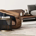 Modern Gray Sofa And Round Wooden Coffee Table Set With Throw Pillows And Armchairs