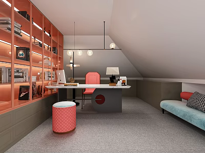 Modern Study Room Interior With Open Bookshelves Desk Accent Chair Pendant Lighting And Sofa 3d model