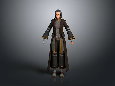 3D Model Of Game Movie Character Wearing Brown Robe With Gray Hair And Yellow Trim 3d model