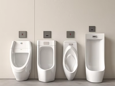 Four Modern White Urinals On Beige Wall In Bathroom With Flush Buttons 3d model