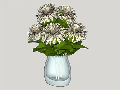 Transparent Glass Vase With White Flowers And Green Leaf Arrangement 3d model
