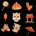 Chinese Traditional Festival Wall Decor With Lanterns Lion Mask Fu Character And Red Elements
