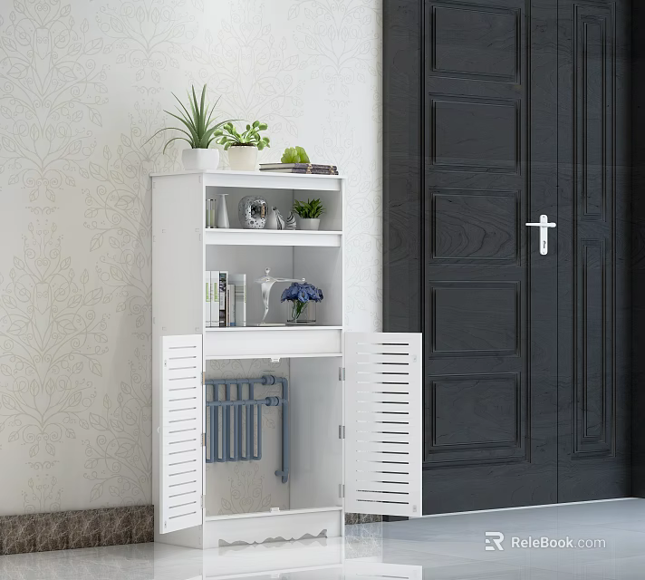 White Decorative Cabinet With Open Louvered Doors Holding Plants Books And Decorations 3d model 