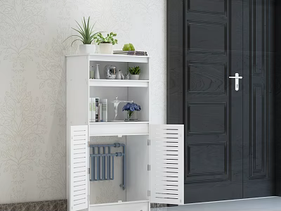 White Decorative Cabinet With Open Louvered Doors Holding Plants Books And Decorations 3d model