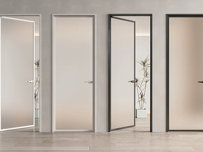Modern Home Interior Open Hinged Doors With Frosted Glass And Black White Frames 3d model