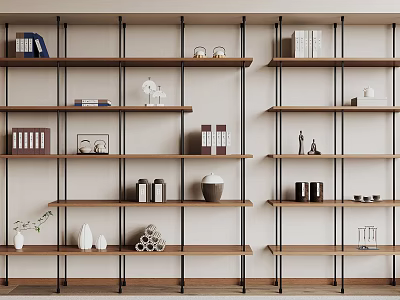 Modern Minimalist Wooden Shelves With Metal Frames Books Vases And Decorations 3d model
