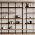 Modern Minimalist Wooden Shelves With Metal Frames Books Vases And Decorations
