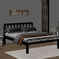 Double Bed with Black Frame White Pillows Orange Blanket Wooden Shelf and Nightstand