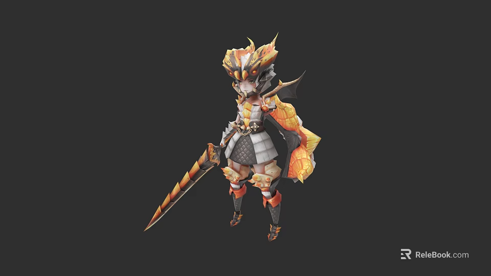 Woman In Ornate Golden Armor Holding Spiked Sword With Decorative Helmet 3d model 