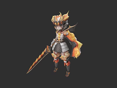 Woman In Ornate Golden Armor Holding Spiked Sword With Decorative Helmet 3d model