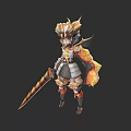 Woman In Ornate Golden Armor Holding Spiked Sword With Decorative Helmet