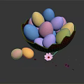 Colorful Easter Eggs Decorative Ornament Set With Bowl Scattered Outside White Flower And Small Debris