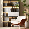 Stylish Modern Bookcase With Layered Shelves Built in Lighting Books Cozy Armchair And Green Plant