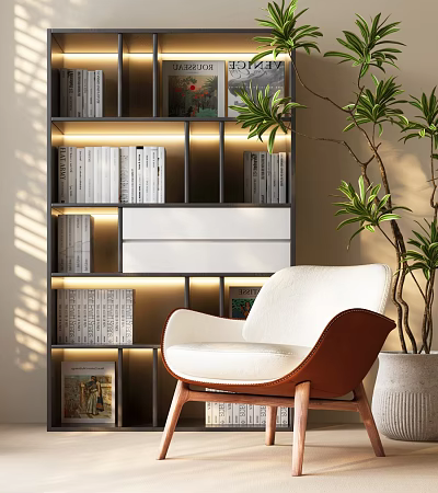 Stylish Modern Bookcase With Layered Shelves Built in Lighting Books Cozy Armchair And Green Plant 3d model