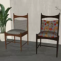 Elegant Dining Chairs With Wooden Frames Checkered And Floral Cushions In Indoor Setting