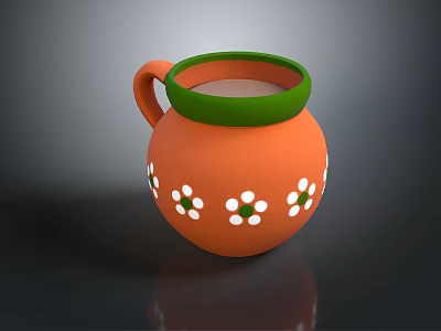 Decorative Handled Orange Clay Pot With Green Rim And White Flowers 3d model
