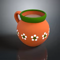 Decorative Handled Orange Clay Pot With Green Rim And White Flowers
