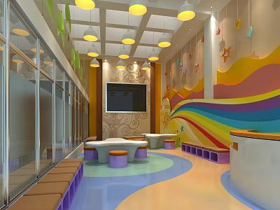 Modern School Activity Space With Colorful Walls Interactive Screen And Round Seats 3d model