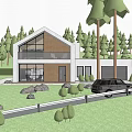 Modern Detached House With Large Glass Windows And Wooden Exterior Surrounded by Trees