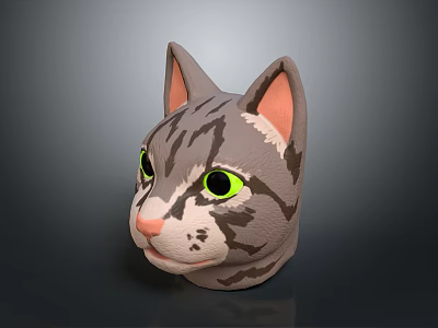 3D Rendered Gray Striped Cat Head With Green Eyes And Pink Ears 3d model