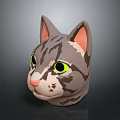 3D Rendered Gray Striped Cat Head With Green Eyes And Pink Ears