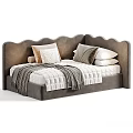 Cozy Kids Bed With Scalloped Headboard Tan Frame Soft Pillows Plush Blanket And Stuffed Toy