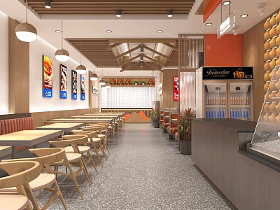 Casual Modern Restaurant Interior With Wooden Tables Chairs Hanging Lights Wall Posters And Beverage 3d model