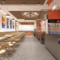 Casual Modern Restaurant Interior With Wooden Tables Chairs Hanging Lights Wall Posters And Beverage