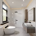 Modern Bathroom Interior Design With Toilet Washing Machine Mirror Cabinets And Marble Walls