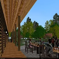 Scenic Wooden House Exterior With Swimming Pool Stone Pathway And Green Trees