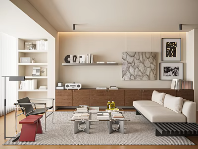 Modern medieval home living room Baohaus cream sofa coffee table combination bookshelf 3d model