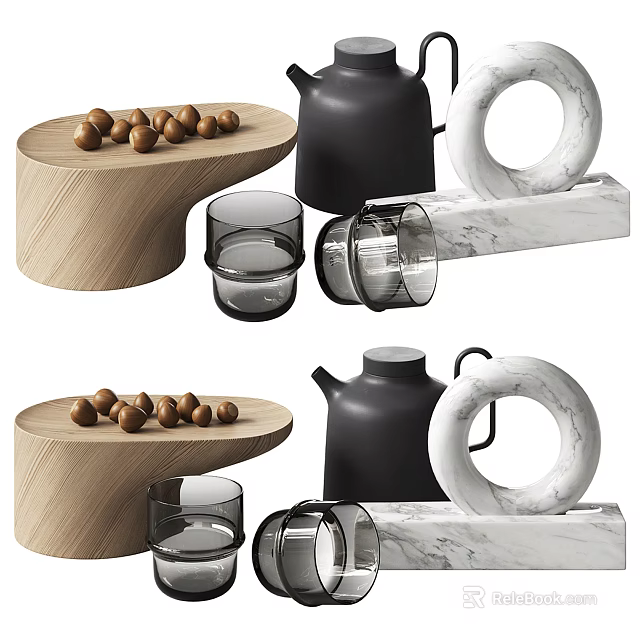 Decorative Ornament Set With Wooden Tray Marble Ring Black Teapot And Glass Cups 3d model 