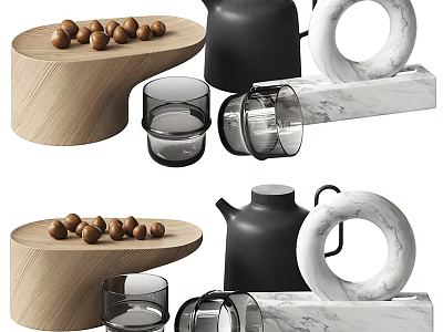 Decorative Ornament Set With Wooden Tray Marble Ring Black Teapot And Glass Cups 3d model