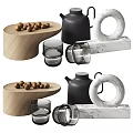 Decorative Ornament Set With Wooden Tray Marble Ring Black Teapot And Glass Cups