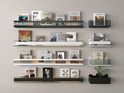 Modern Minimalist Floating Bookshelves In Black White Gray With Books Photo Frames And Decor 3d model
