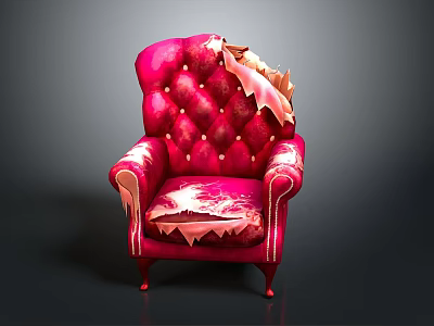 Red Vintage Button Tufted Armchair With Torn Fabric And Slender Legs 3d model