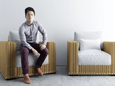 Modern Wicker Single Sofa With White Cushions Elegant Indoor Seating Design 3d model