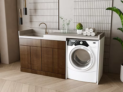 Modern Laundry Area With White Washing Machine Wooden Cabinets Sink Countertop Small Plants And Towels 3d model