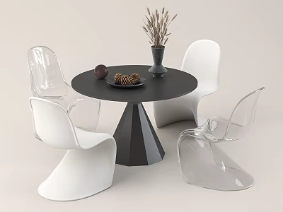 Modern Minimalist Round Black Table with Transparent White Chairs and Vase with Dried Grass Pinecones 3d model