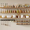 Organized Kitchen Shelves With Various Jars Dry Goods Spices Plates Cups Hanging Spoons And Utensils