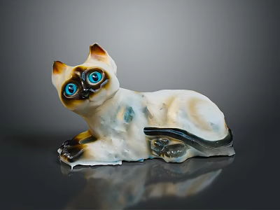 Siamese Cat With Blue Eyes And White Brown Fur Lying Ceramic Figurine On Dark Surface 3d model
