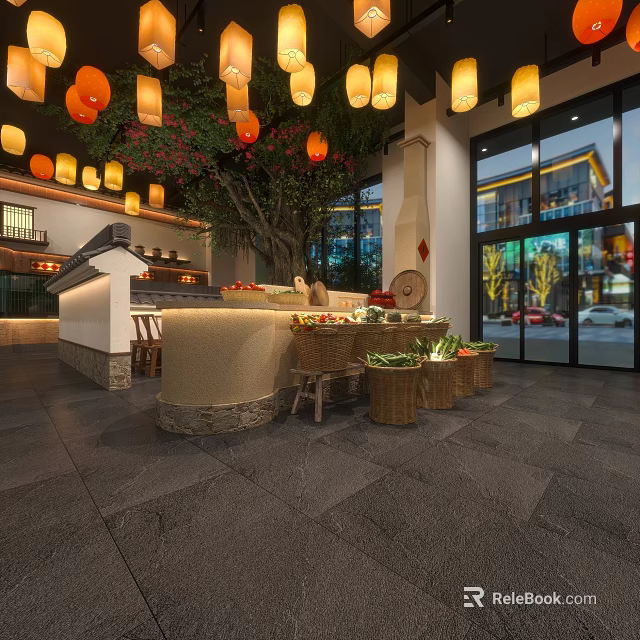 Traditional Chinese Restaurant Interior Design With Hanging Lanterns Decorative Tree Open Counter And Fruit Displays 3d model 