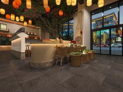 Traditional Chinese Restaurant Interior Design With Hanging Lanterns Decorative Tree Open Counter And Fruit Displays 3d model