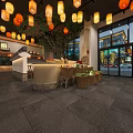Traditional Chinese Restaurant Interior Design With Hanging Lanterns Decorative Tree Open Counter And Fruit Displays