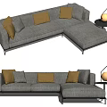 Modern Gray Sectional Sofa with Yellow Cushions and Round Side Table Lamp 3d model