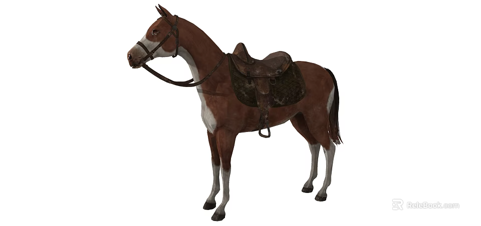 Brown And White Horse With Saddle And Bridle Standing Gracefully 3d model 