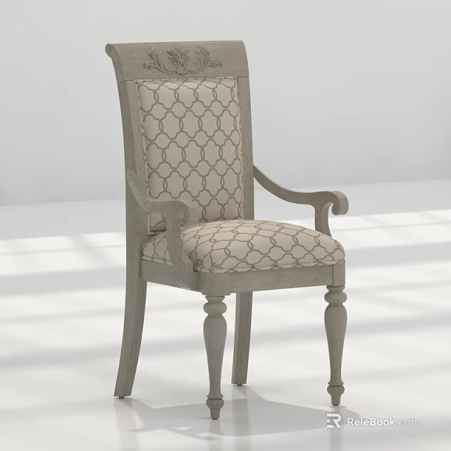 Classic Style Dining Chair With Carved Back Armrests And Geometric Pattern Fabric 3d model