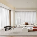 Modern Living Room Interior With White Sofa Floor-to-Ceiling Windows Curtains And Abstract Wall Art