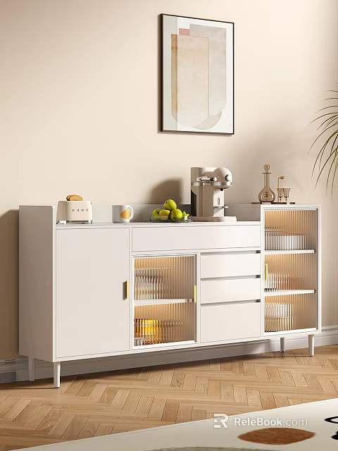 Modern White Sideboard With Glass Doors Drawers Coffee Machine Fresh Fruits And Decorative Bottles 3d model 