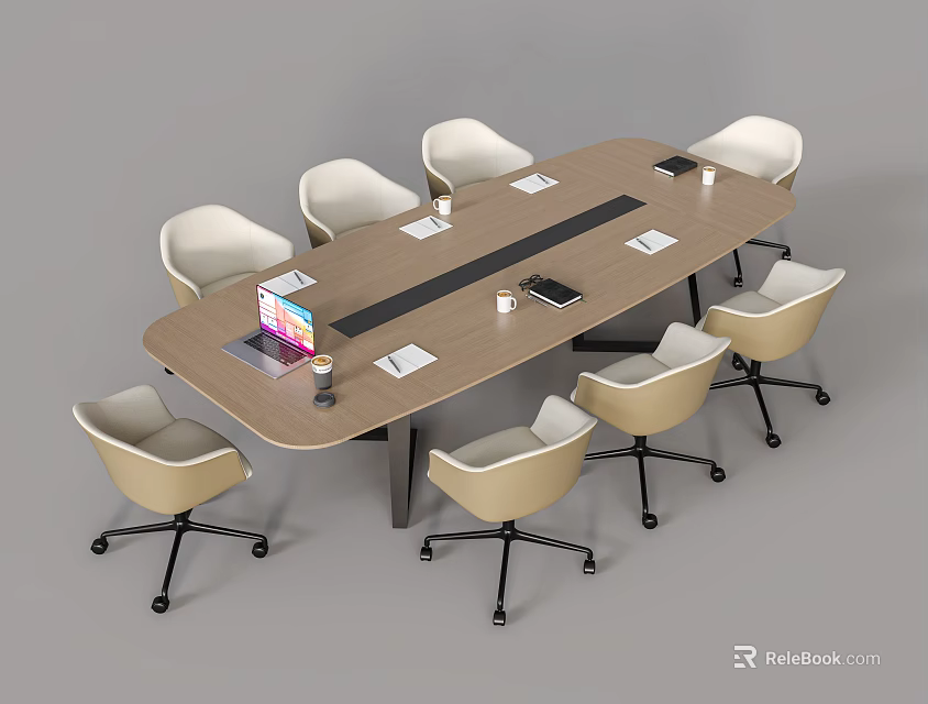 Modern Rectangular Conference Table With Beige Office Chairs Laptop Coffee Cup And Notebooks 3d model